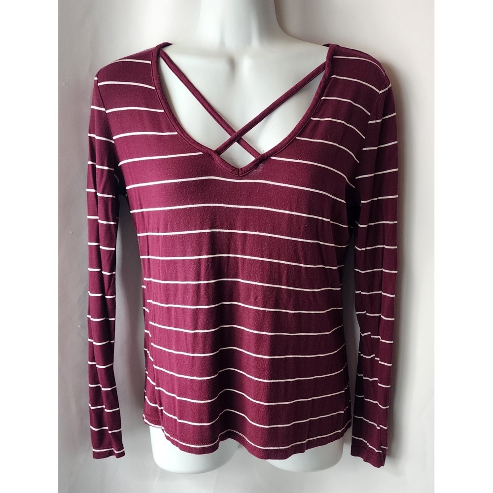 WOMENS CHARM LONG SLEEVED MAROON STRIPED SHIRT M‎